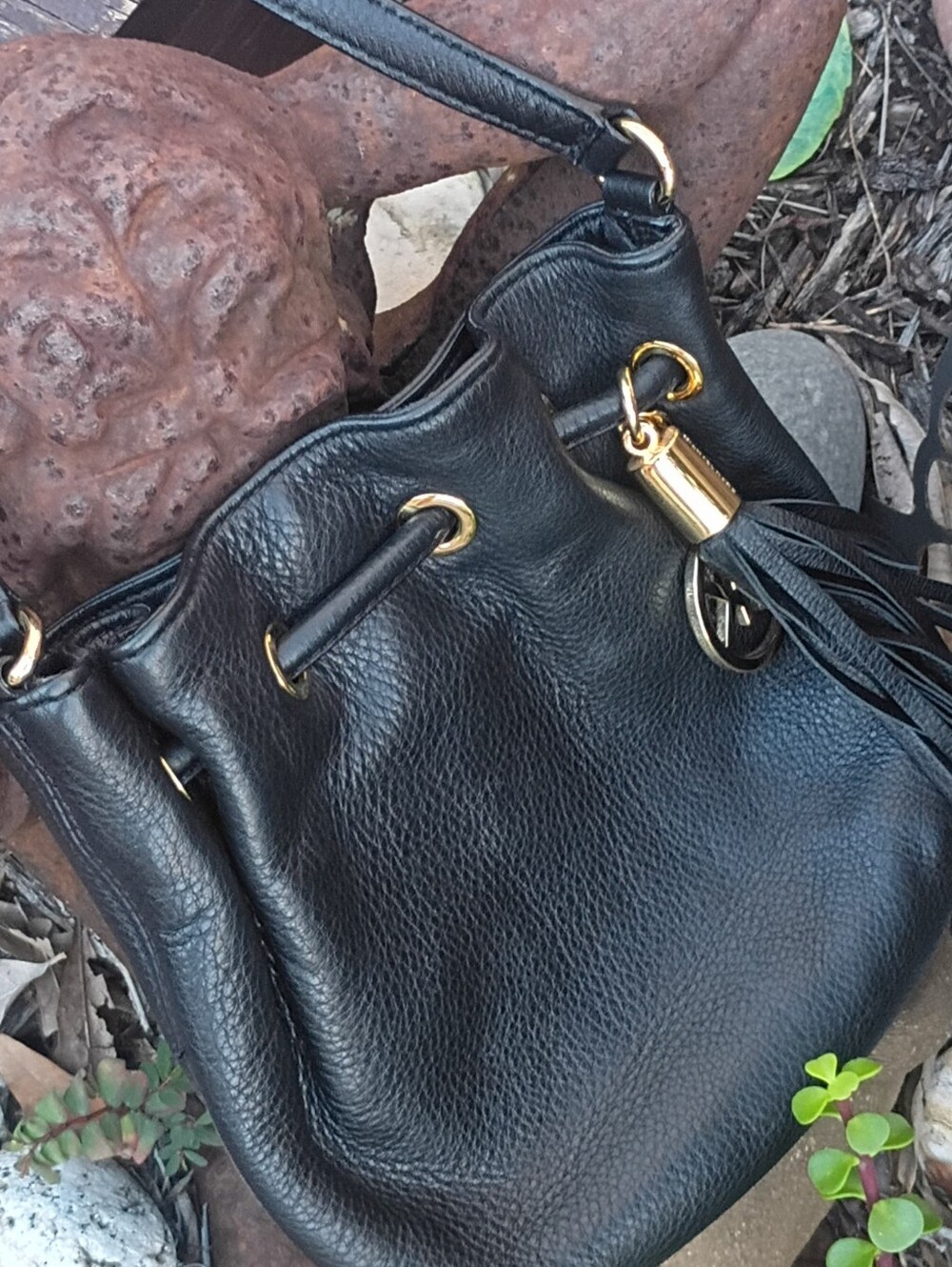 Michael Kors Black Pebbled Leather Drawstring Hobo with Gold Accents 9x8 Inches